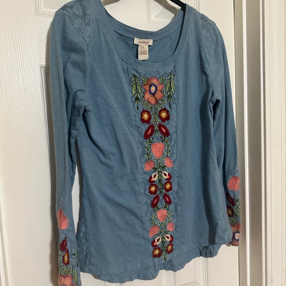 Sundance Blue Floral Embroidered Top